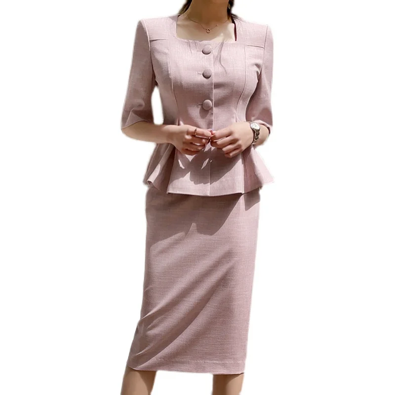 

2021 New Elegant Formal Work Dress Suit Square-neck Short Sleeve Slim Ruffle Waist Bodycon Long Midi Pencil Dress Set Party