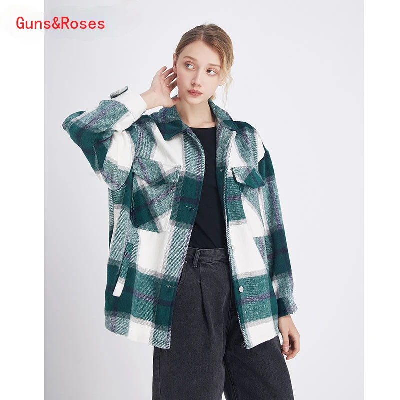 

Za Vintage Stylish Pockets Oversized Plaid Jacket Coat Women 2021 Fashion Lapel Collar Long Sleeve Loose Outerwear Chic Tops