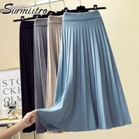 surmiitro 2021 fashion autumn winter knitted midi long pleated skirt women korean style blue mid length high waist skirt female
