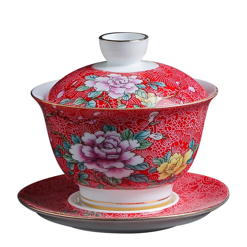 Керамическая эмалированная цветная чайная чаша Gaiwan в китайском стиле Sancai, набор чайных чашек и блюдца, 150 мл, бытовой чайник
