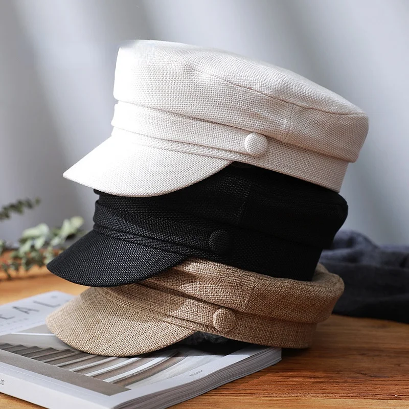 

Women's Hat Flat Military Cap Spring Autumn Linen Octagonal Caps Solid Color Flat Top Military Hats Young Student Female Hats