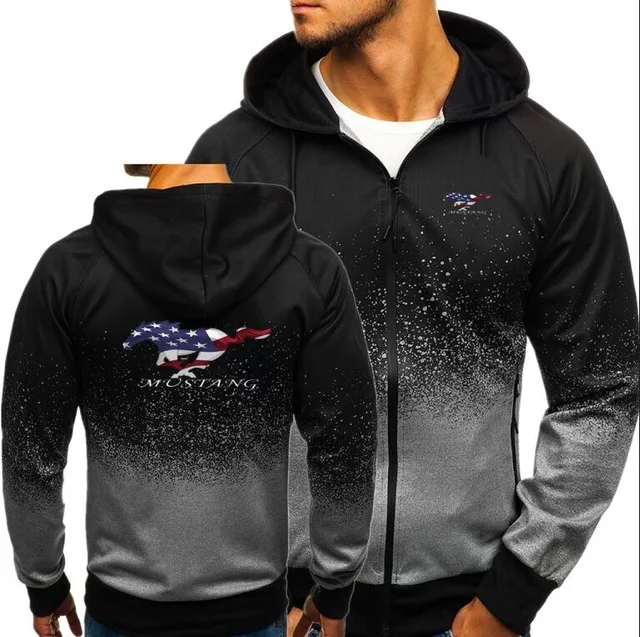 

Men Hoodies U.S. flag Mustang Print Jacket Spring Autumn Drawstring Zipper Hooded Sweatshirt Top Male Pullover Hoodie Coat T