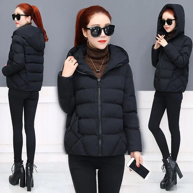 Winter Coat Women's Parkas Jackets Black Puffer Coats Office Lady Hooded Cotton Padded Parka Outerwear Loose Casual Short Jacket