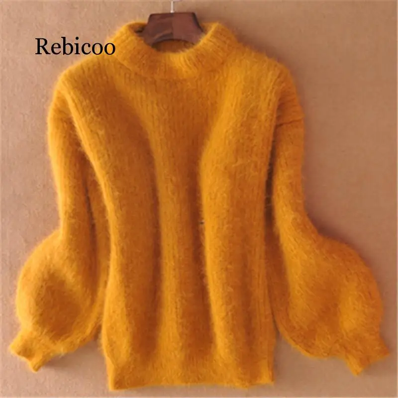 

2019 Winter New Fashion Thickened Warm Turtleneck Mohair Female Sweater Lantern Sleeve Casual Solid Color Slim Simple Pullover