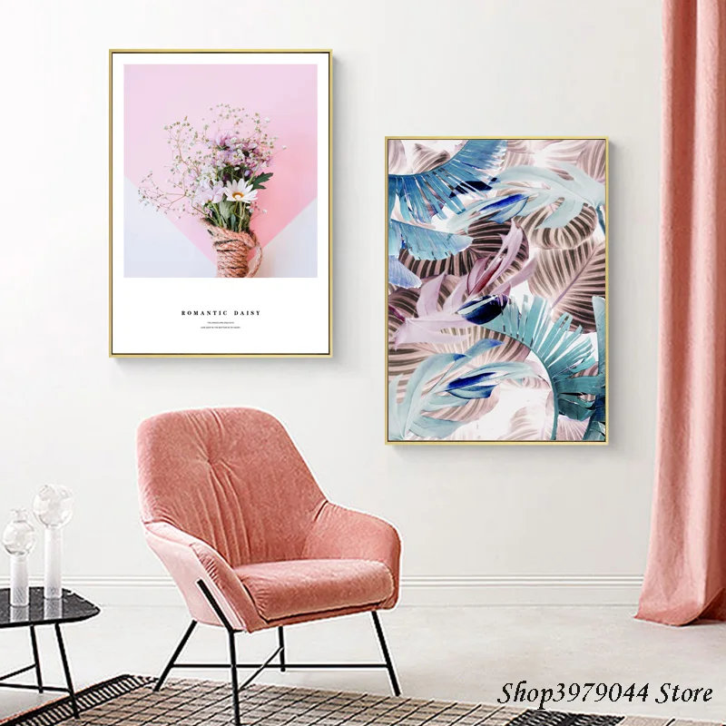 Синий кактус Холст плакат розовый цветок Маргаритка стены художественная