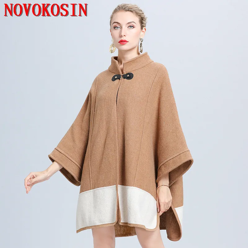 

2020 Women Color Contrast Standard Collar Khaki Cardigan Winter Warm Thick Batwing Sleeve Long Cloak Lady Horn Button Loose Coat