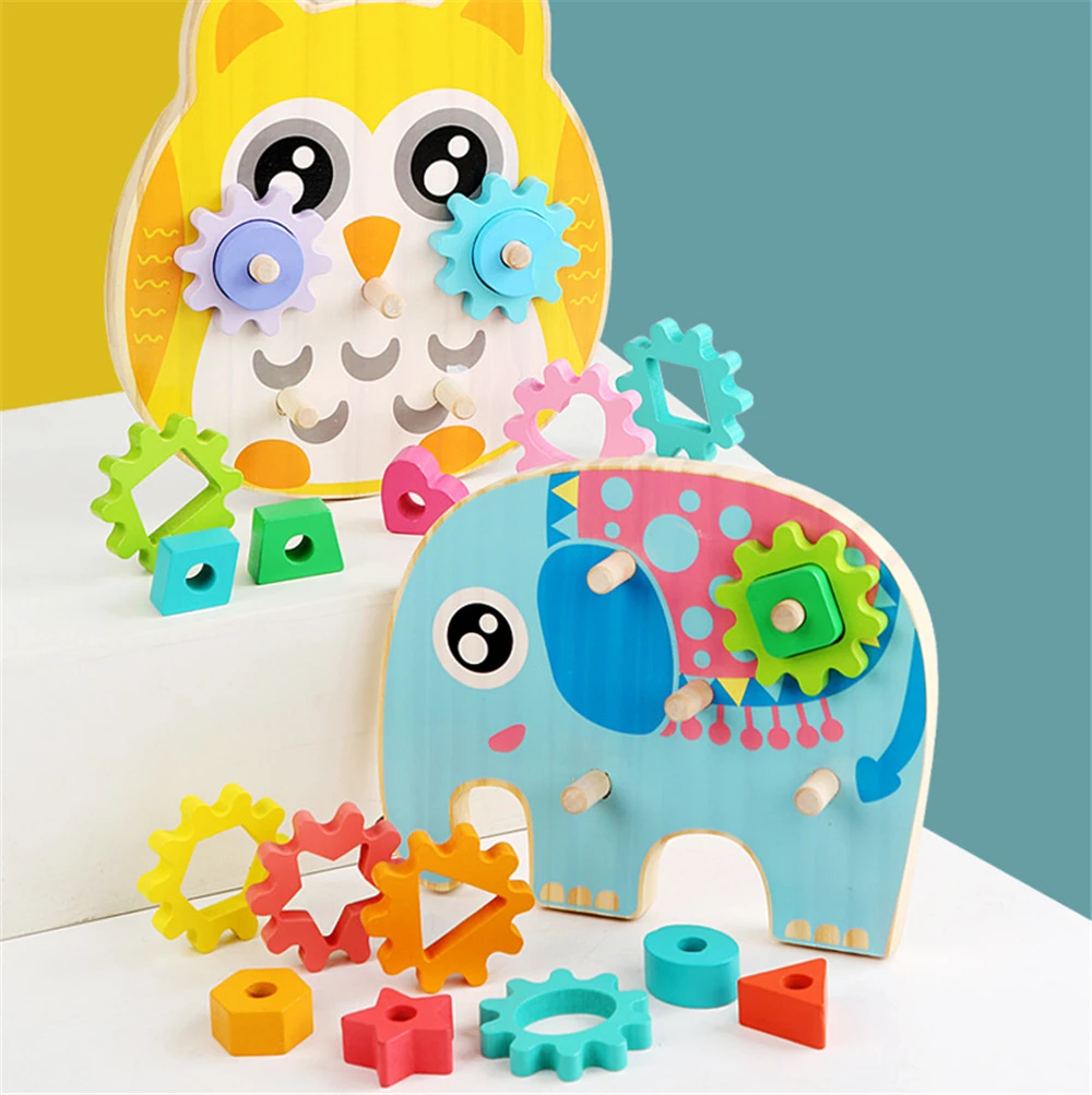 

Children's Educational Toys Geometric Elephant Owl Pairing and Inserting Building Blocks Wooden Gear Early Education Game Toys