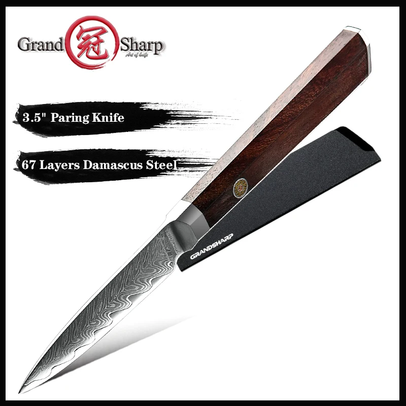 

Нож для чистки фруктов Grand sharp, 3,5 дюйма, из дамасской стали, VG10, ультраострый, с ручкой из розового дерева