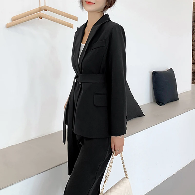 New Arrival Women Notched Long Sleeve Blazer With Belt Straight Long Pants 2 Piece Set Female Caramel Casual Pants Suit S98302F