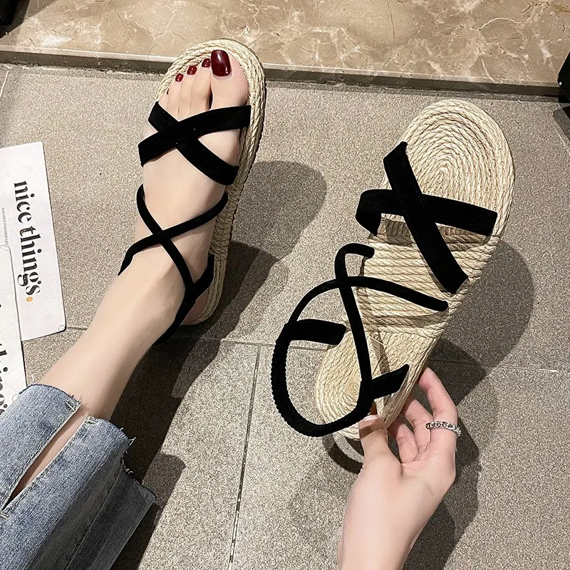 

Summer sandals ladies wedges with thick-soled hemp shoes ladies candy color casual sandals lace-up cross shoes