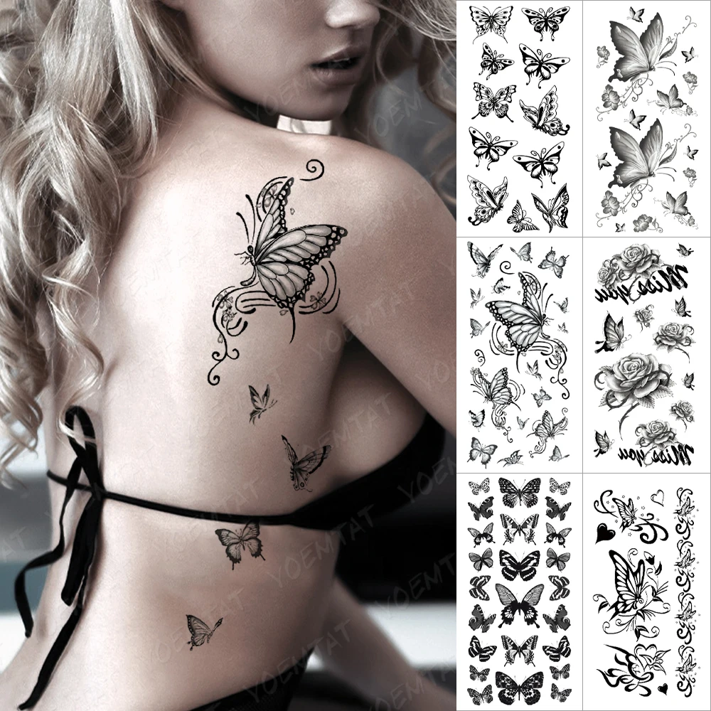 

6pcs Suit Tato Sexy Butterfly Rose Flower Black Temporary Tatu Sticker Arm Back Shoulder Waist Women Men Glitter Tattoo Kids Art