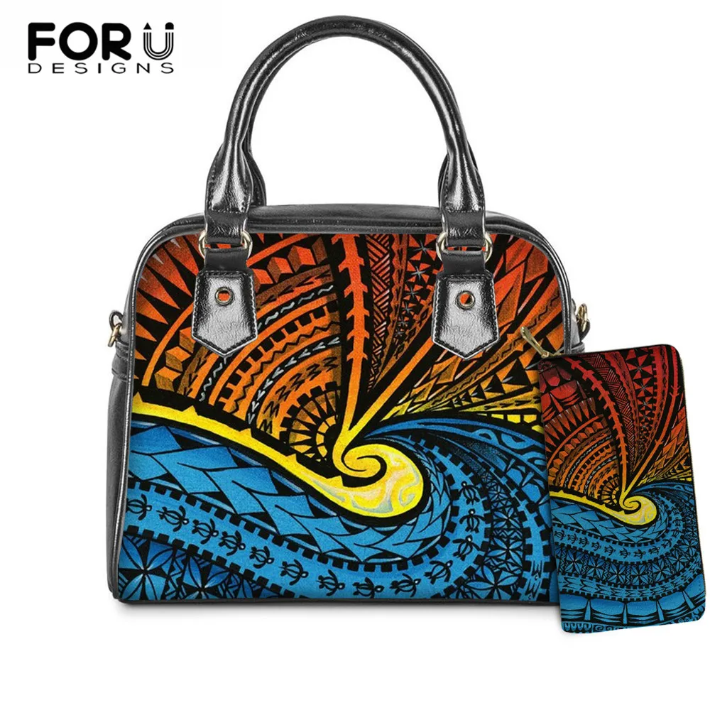 

FORUDESIGNS Bags Women Polynesian Samoa Tribe Printing Luxury Ladies Pu Leather Shoulder Bag And Wallets Set Female Clutch Totes