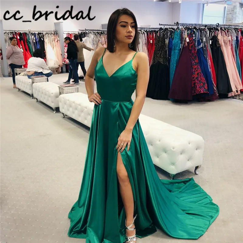 

Classy V-neck Green Prom Dresses 2020 Sexy Backless Split Dress Woman Party Night Formal Plus Size vestidos largos de fiesta