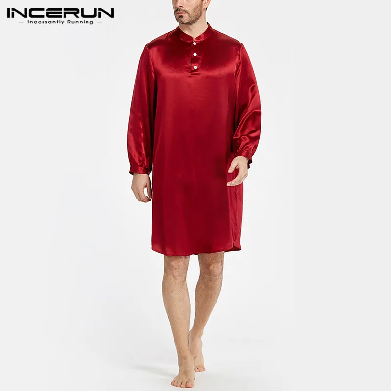

INCERUN однотонные Цвет Ночная рубашка мужские халаты пижамы шелковый атлас с длинным рукавом и стоячим воротником халат человек элегантные з...