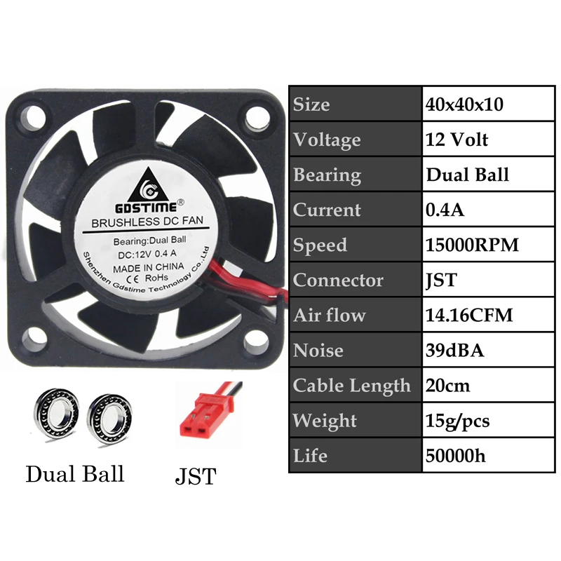 12VDualBall0.4AJST 2 шт. Gdstime DC 5 в 12 В 24 в 40 мм x 40 мм x 10 мм 40 мм шарикоподшипник рукав мини маленькое охлаждение 4 см вентилятор 3d принтер охлаждающий вентилятор - Цвет лезвия: 12VDualBall0.4AJST