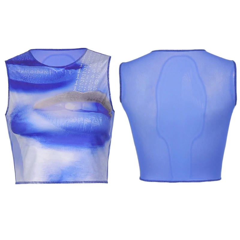 

Women Sleeveless O-Neck Crop Top Harajuku Irregular Abstract Blue Lip Print Slim Vest Casual Sleeveless Tank Top Shirts
