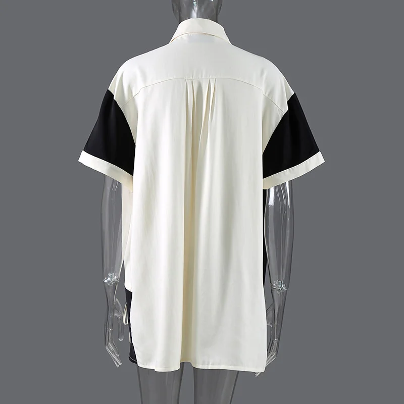 

[EAM] Women Contrast Color Drawstring Big Size Blouse New Lapel Short Sleeve Loose Fit Shirt Fashion Spring Summer 2021 1DD9819