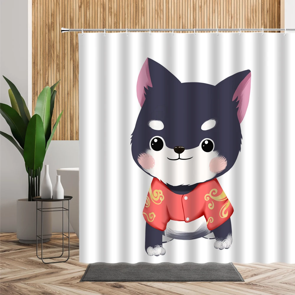 

Cute 3D Cartoon Pet Cat Dog Pattern Waterproof Shower Curtain Bathroom Decoration Bath Curtain Set Polyester Fabric With Hooks