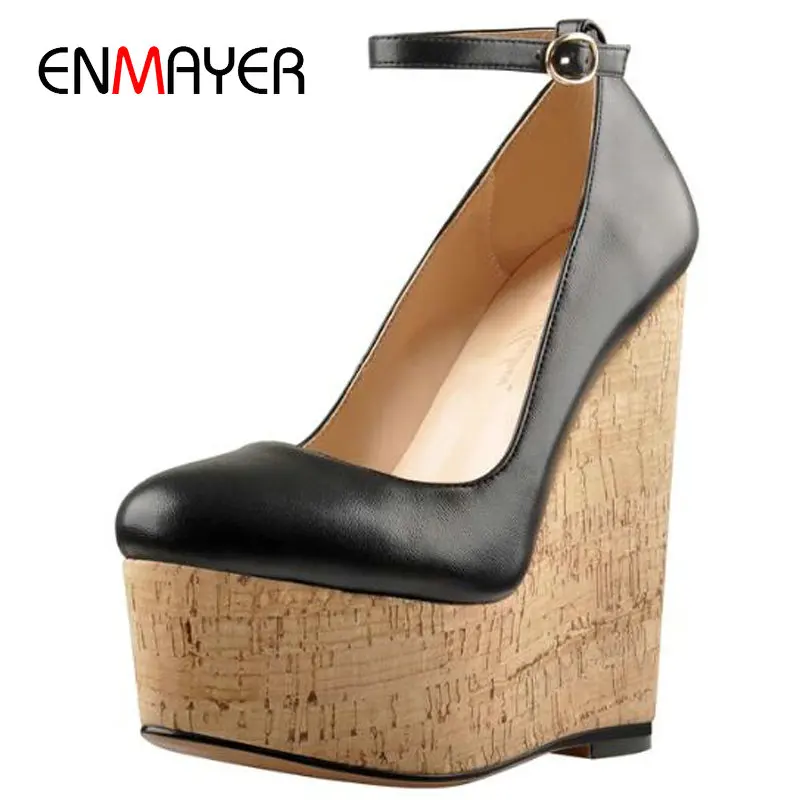 

ENMAYER Casual Round Toe Pumps Women Shoes Super High Thin Heels Shoes Woman High Heel Platform Buckle Strap PU Shoes 34-43