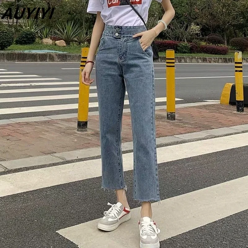 

AUYIYI Fashion High-Waisted Loose Draped Jeans Women Are Thin And All-Match Casual Wide-Leg Straight-Leg Pants Cropped Trousers