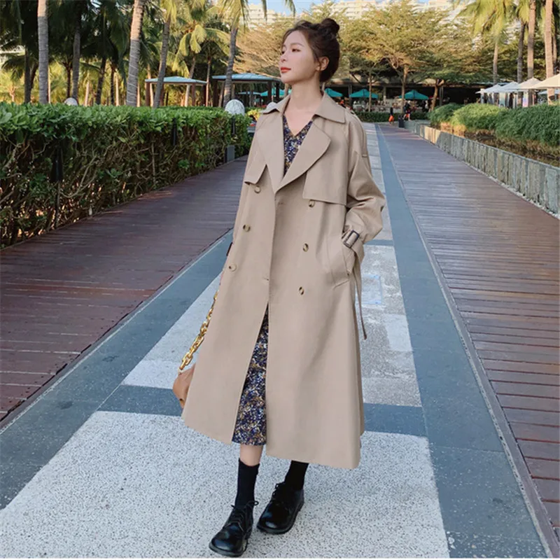 

Женский винтажный двубортный тренчкот, повседневная приталенная Ветровка цвета хаки средней длины в английском стиле, весна-осень 2021