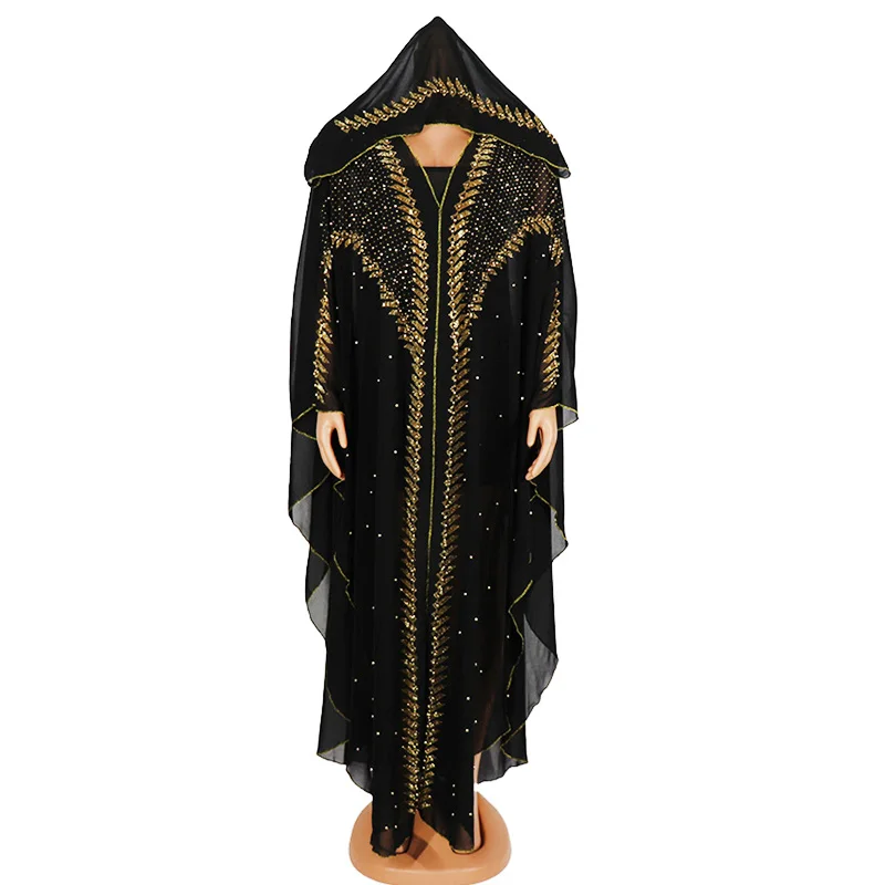 

African Design Beading Dashiki Dress Bat Sleeve Hoodies Chiffon Muslim Bazin Maxi Robe Gowns Broder Riche Sexy Loose Traditional