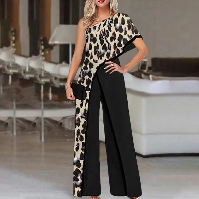 

Женские комбинезоны VONDA 2021, винтажные леопардовые комбинезоны с коротким рукавом, на одно плечо, с широкими штанинами, панталоны Палаццо для...