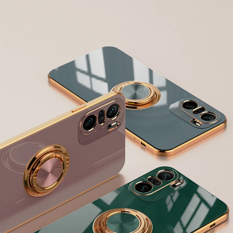 

Case For Xiaomi POCO F3 5G Luxury Plating Soft TPU Ring Holder Phone Cover Silicone Back Case For Redmi Note 10S 10
