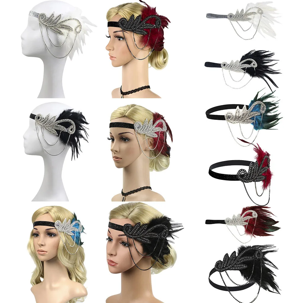 

1920s Headband Black Feather Bridal Great Gatsby 20s Gangster Flapper Headpiece