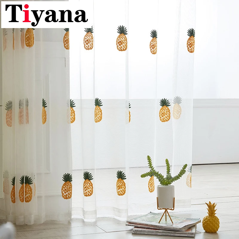

Modern Pineapple Embroidered White Sheer Tulle Curtains For Living Room Kids Bedroom Fruit Tulle Kitchen Window Drapes Yarn