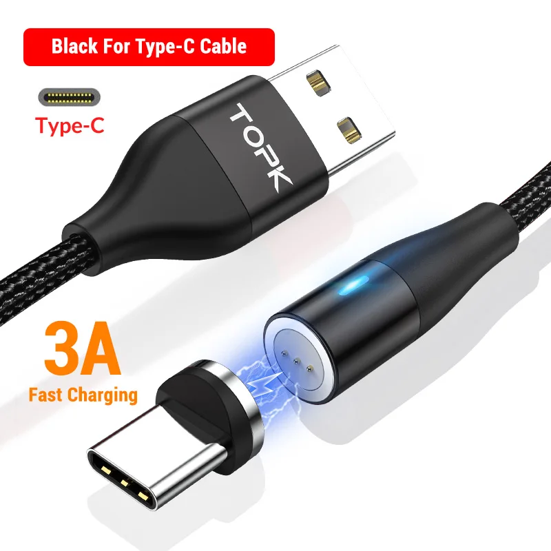 USB-C Cable (Black) TOPK AM60 3A 3-го поколения, светодиодный кабель для быстрой зарядки, магнитный кабель Micro usb type C для iPhone 11X8 7, usb-кабель для зарядки и передачи данных - Цвет: USB-C Cable (Black)
