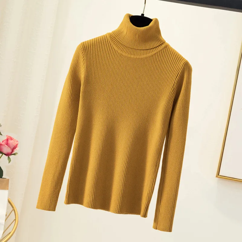 

Повседневный облегающий вязаный женский свитер с высоким воротником, женская зимняя мода, корейский стиль Харадзюку, однотонные теплые пул...