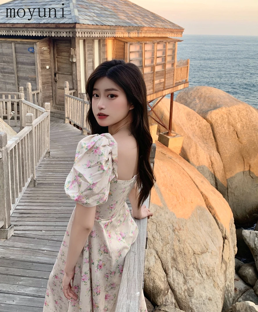 

French Style Vintage Floral Square Collar Dress Women's Spring Summer New Waist Slimming Split Long Elegant Socialite Vintage