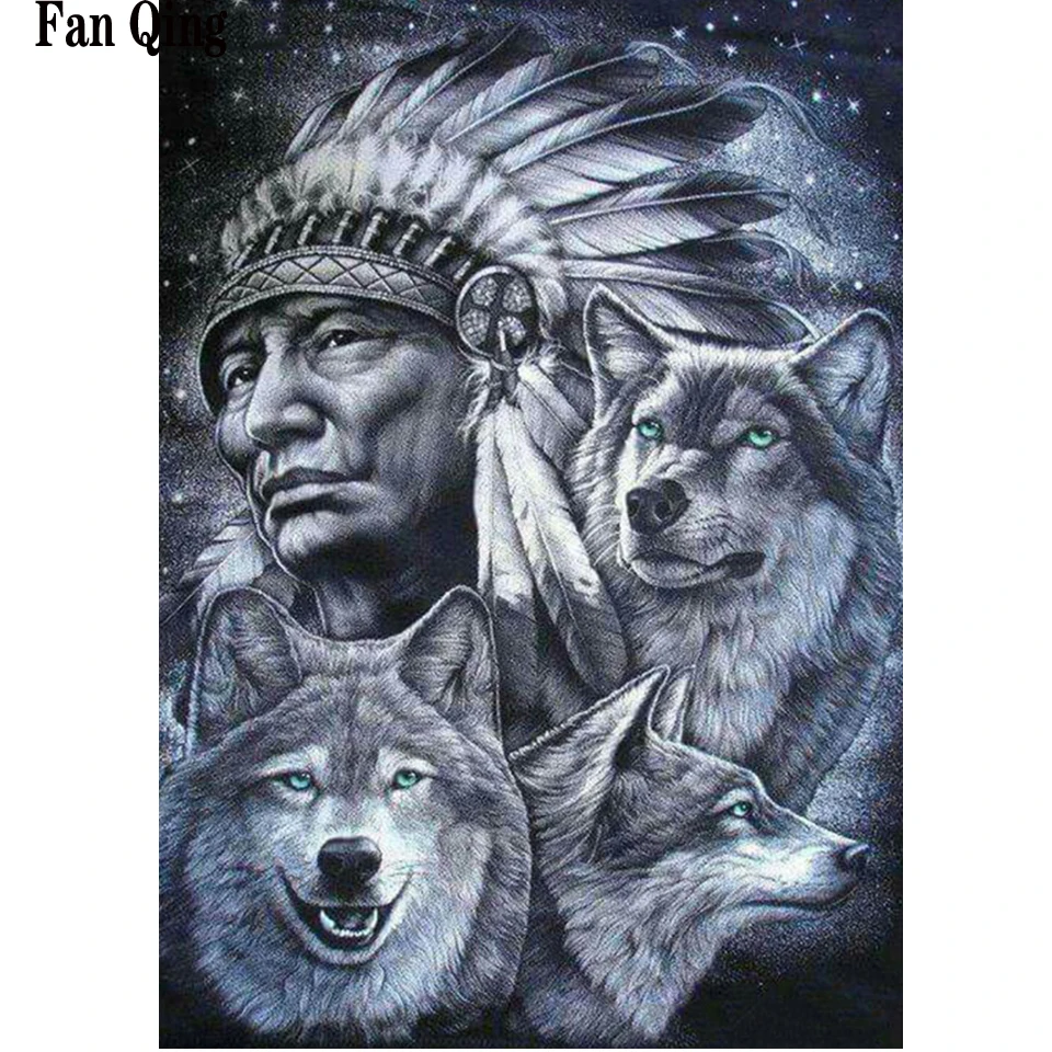 Алмазная вышивка индейцы и волки 5D &quotсделай сам&quot алмазная живопись