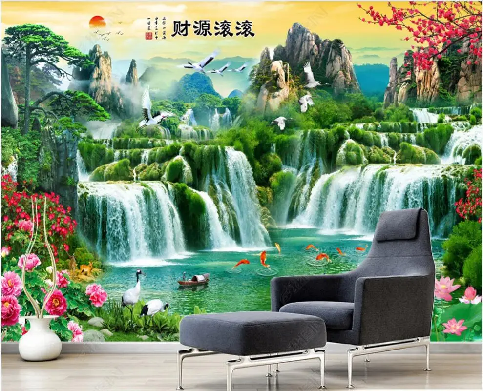 

custom mural Photo wallpaper Chinese style mountain waterfall flowers scenery home decor 3d wallpaper for the bedroom wall