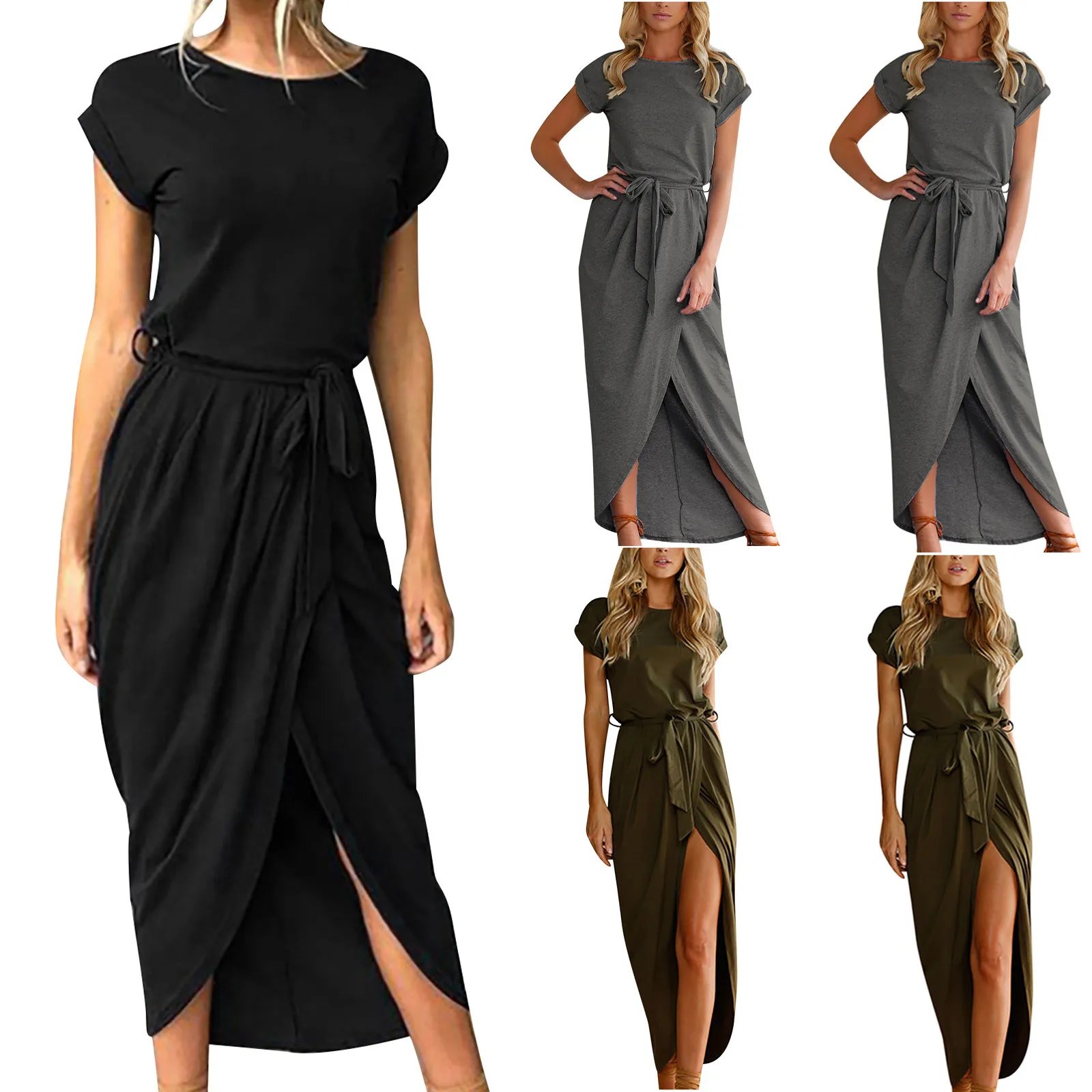 

Женское однотонное Платье 2021, Летнее Длинное Платье с юбкой, модное повседневное асимметричное Платье с коротким рукавом, круглым вырезом и...