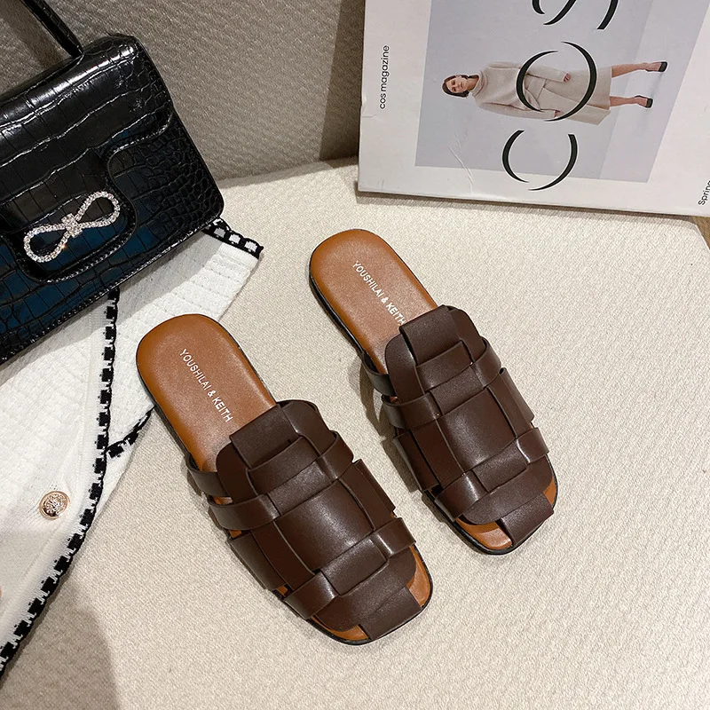 

Elegant flat bottom lady woven sandals and slippers summer Baotou slippers one step casual lady office shoes beige flat shoes