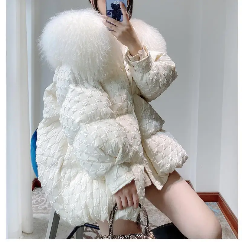

South Korea dongdamen large wool collar down cotton jacket women's 2021 winter medium long fashion loose thickened warm jacket