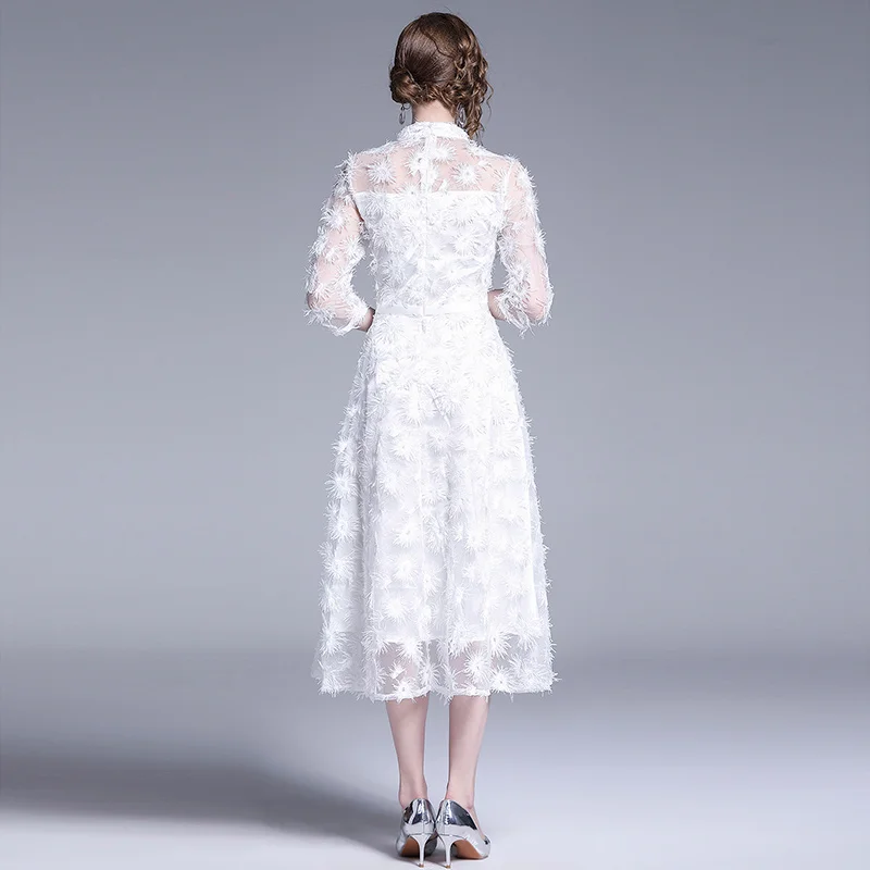 

JSXDHK New Fashion Women Long Party Dress High Quality White 3D Floral Embroidery Tassel Swing Dress Elegant Summer Vestidos