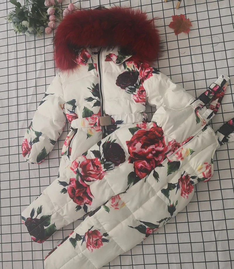 Real raccoon fur 2019 winter jacket child suit jacket+pant twinset boy &amp girl ski suits children down outerwear parka | Детская