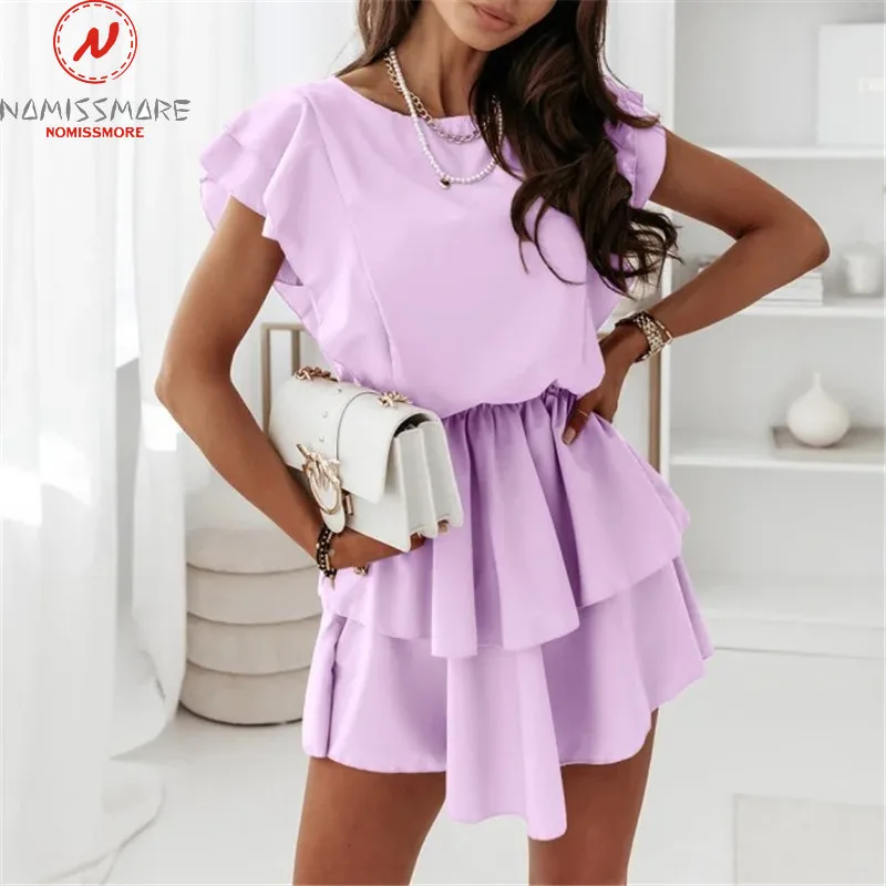 Женское облегающее платье мини однотонное летнее платье-трапеция с оборками