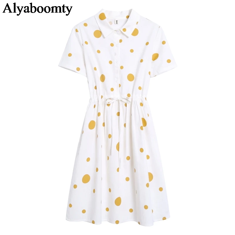 

Mori Girl Summer Women Kawaii Short Dress Turn-Down Collar Polka Dot Mujer Vestido Elegant Cotton Sweet String Cute Mini Dresses
