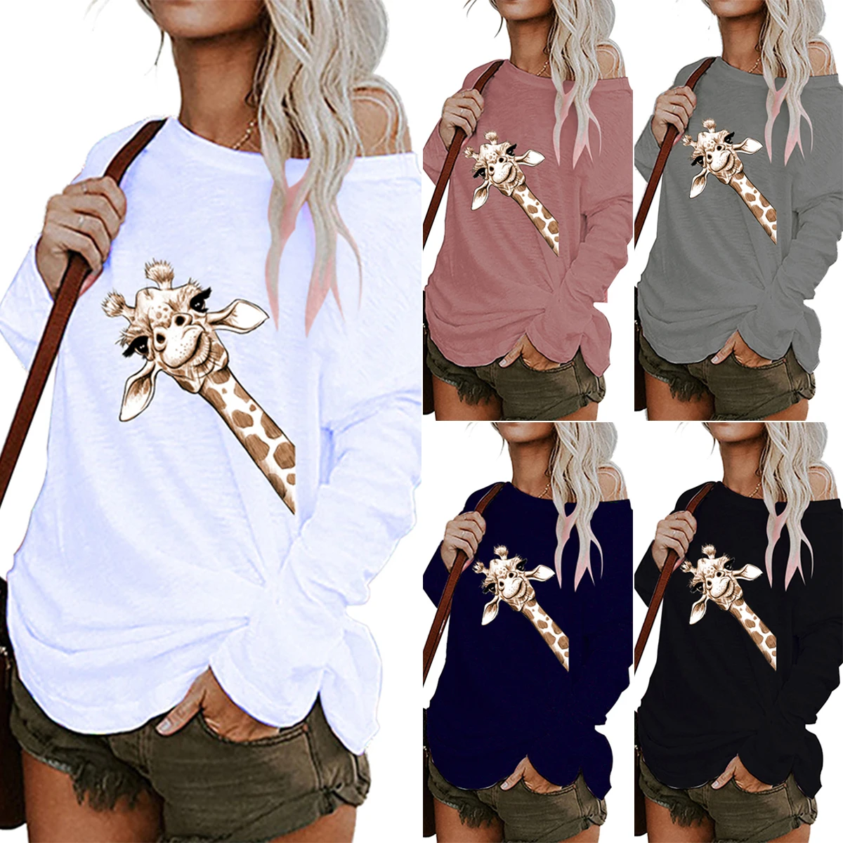 Женская футболка с длинными рукавами размера плюс коробка рисунком жирафа и