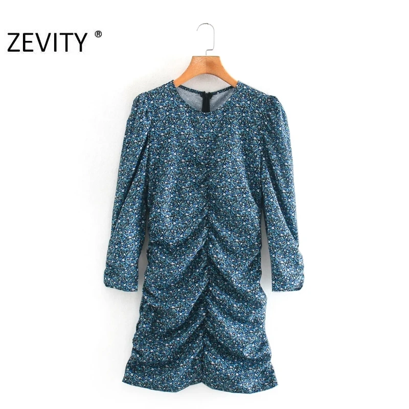 

Женское Плиссированное мини-платье Zevity, повседневное облегающее офисное платье с круглым вырезом и цветочным принтом, на молнии сзади, DS4533