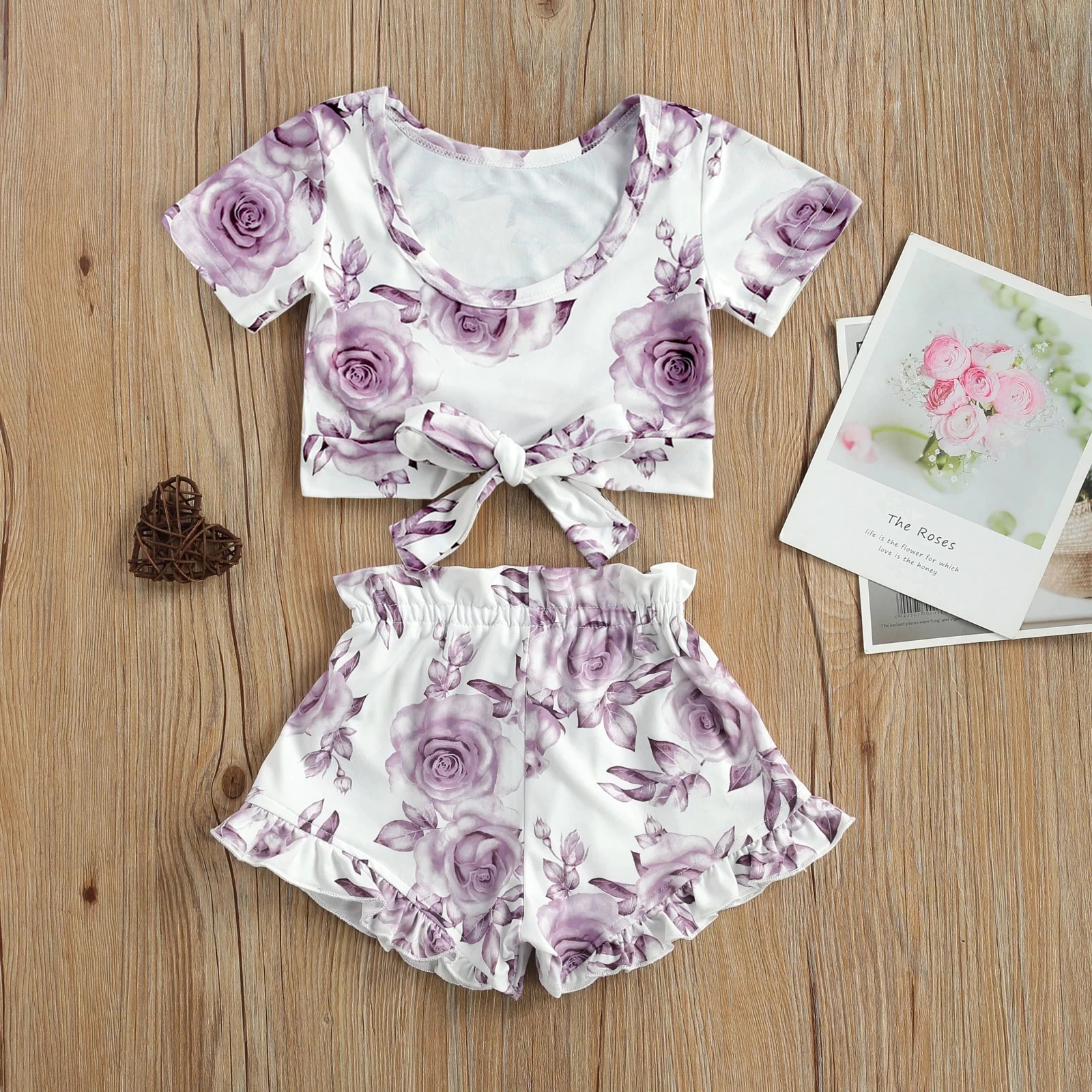 

1-5Years 2 Pcs Infant Flower/Fruit Print Outfits Baby Girl Short Sleeve Round Neck Bowknot T-shirt + Ruffle Drawstring Shorts