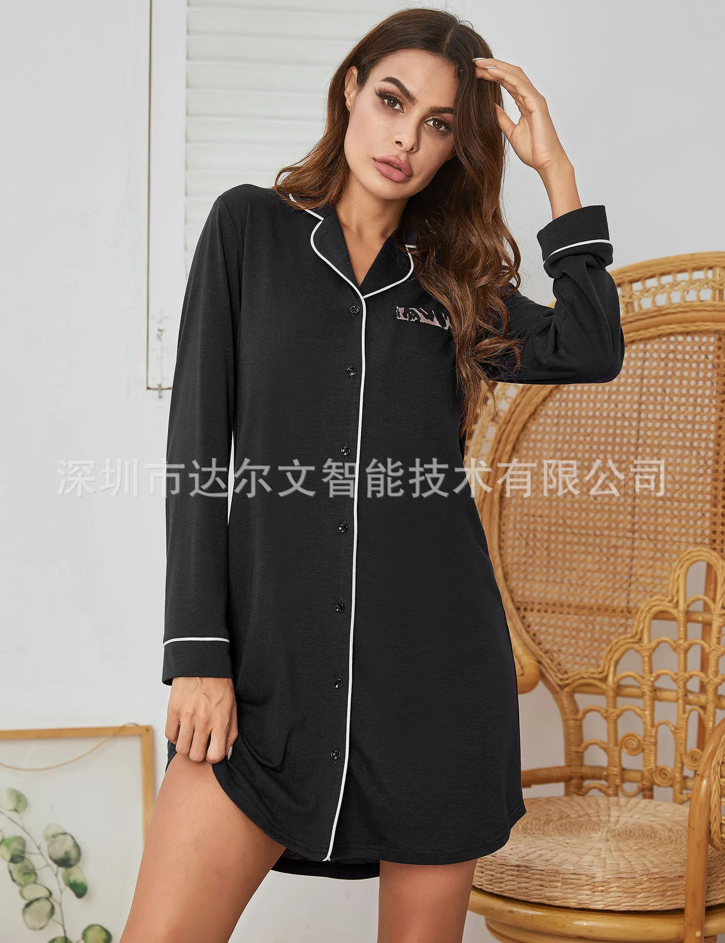 Women's New Long Sleeve Knitted Nightdress Lapel Housewear Women's Sexy Loose Nightdgown Women Nightwear  Above Knee, Mini