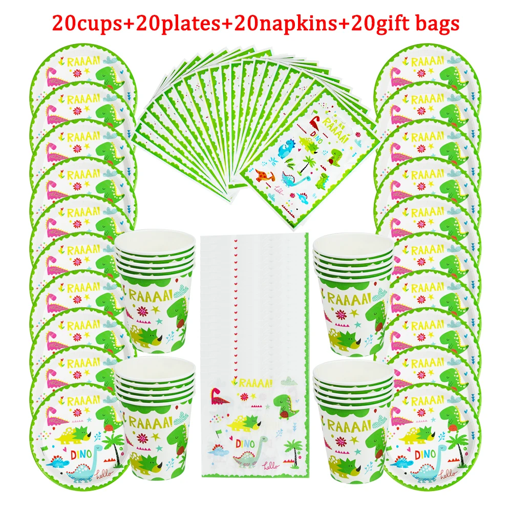 

80 шт., одноразовая посуда в виде динозавра, бумажные чашки + тарелки + салфетки + подарочные пакеты