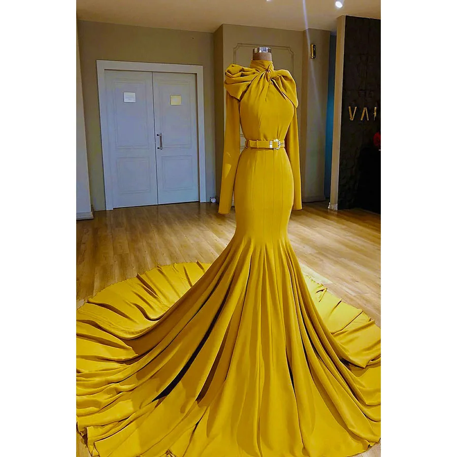 

2021 abiye Yellow Evening Dresses robe de soiree longue abendkleider Full Sleeves Mermaid Evening Dress Gold vestido de festa
