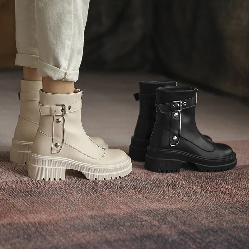 

2021 Split Leather Round Toe Women Boots ZIP ANKLE Boots Thick Heel Platform Shoes Female Boots Women Shoes Martin Boots
