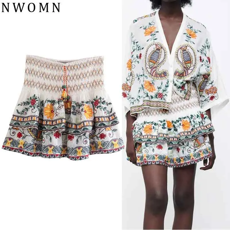 

NWOMN Women Skirts Ruffle White Skirt Woman Mini Embroidered High Waist Skirt Vintage Ruched Short Skirts Boho Summer Skirt